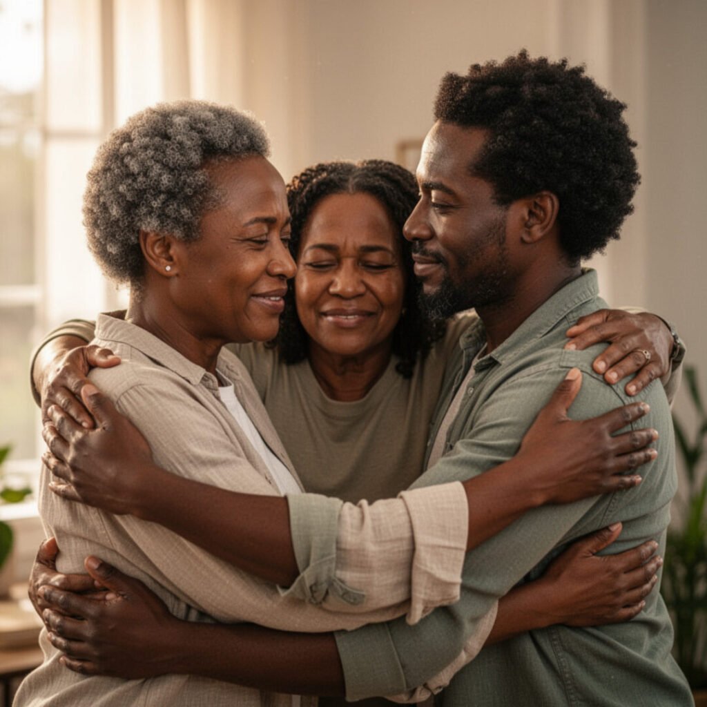Three joyful African-American family members—elderly woman with gray curly hair, middle-aged woman, and young man with curly afro—sharing a warm group hug in a sunlit living room, symbolizing forgiveness, restoration, reconciliation, and Christian family unity for ACF East Region blog.